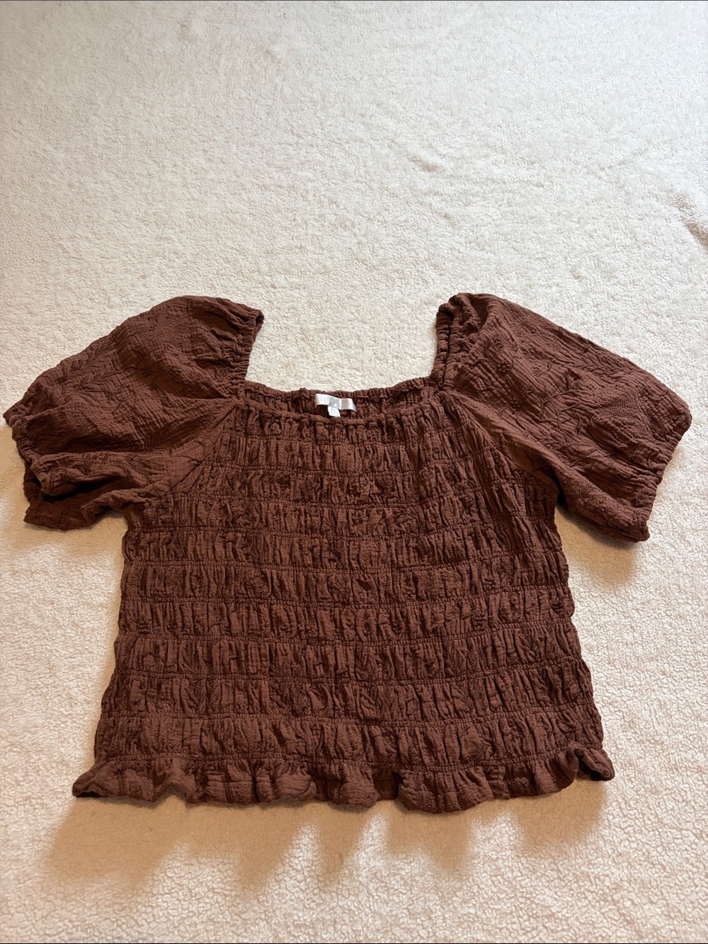Design History Chocolate Brown Smocked Puff-Sleeve Top